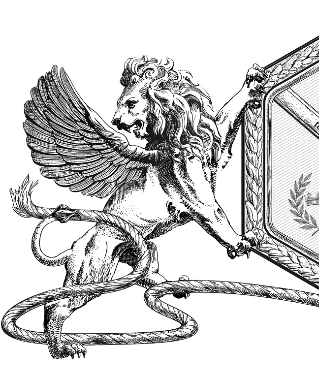 Black and white illustration of a winged lion holding a framed laurel wreath with its claws.
