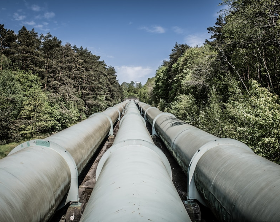 Three large industrial pipelines running through a forested area under a blue sky.